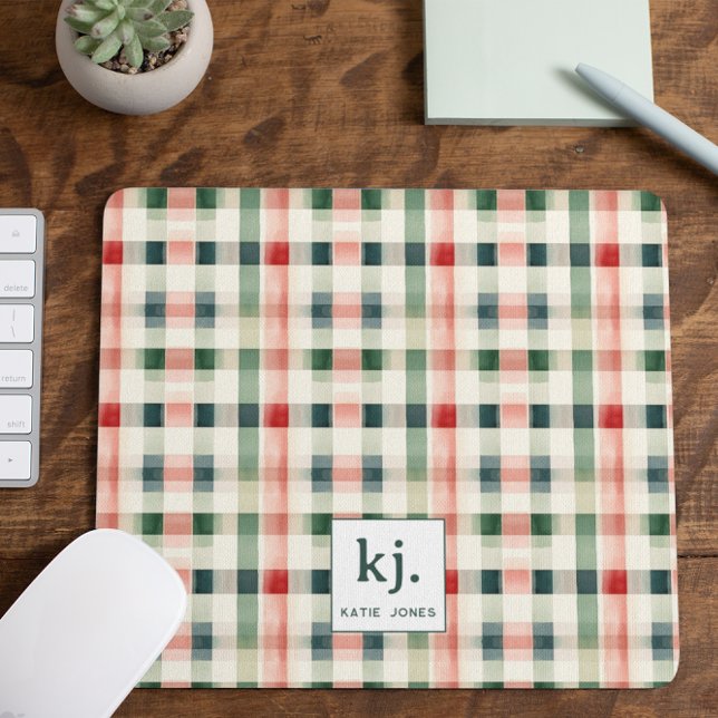 Soft Evergreen Gingham Monogram Mouse Pad (Creator Uploaded)