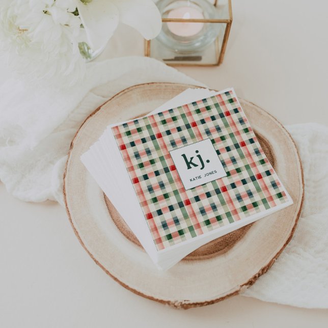 Soft Evergreen Gingham Monogram Napkins (Creator Uploaded)