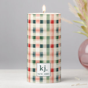 Soft Evergreen Gingham Monogram Pillar Candle