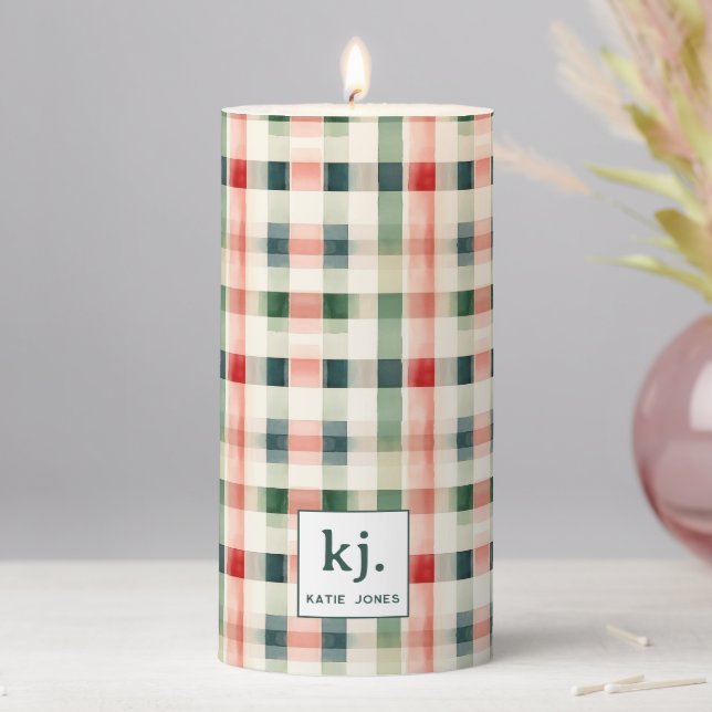 Soft Evergreen Gingham Monogram Pillar Candle (In Situ)