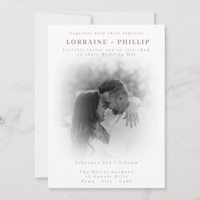 Soft Fade black and white Romantic Photo wedding Invitation (Front)