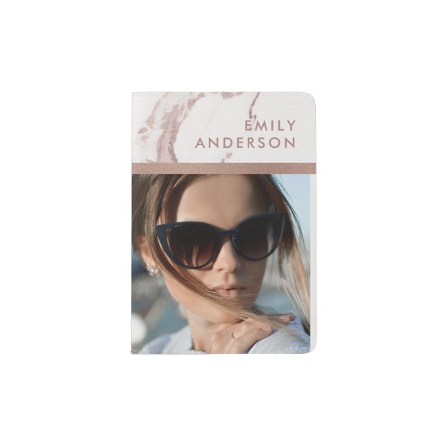 SOFT FAUX ROSE GOLD BLUSH PINK MARBLE PHOTO INSERT PASSPORT HOLDER (Front)