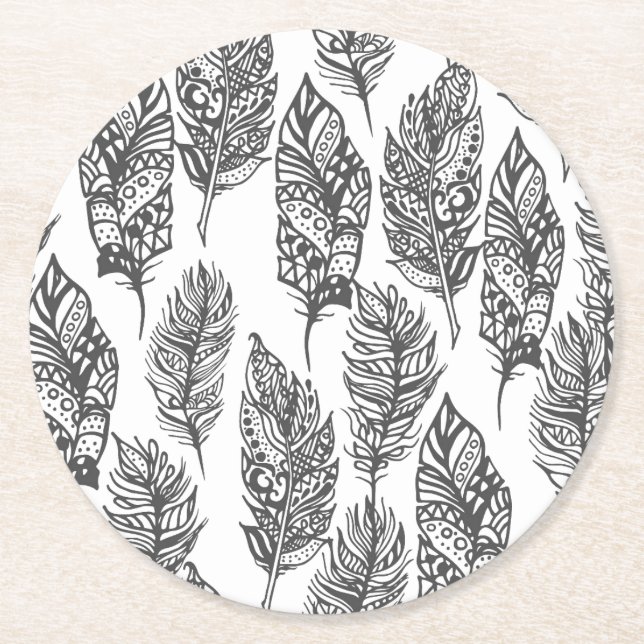 Soft Feathers Doodle Round Paper Coaster (Front)