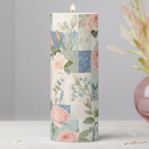Soft Feminine Floral Pink And Blue Patchwork Pillar Candle