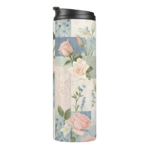 Soft Feminine Floral Pink And Blue Patchwork Thermal Tumbler