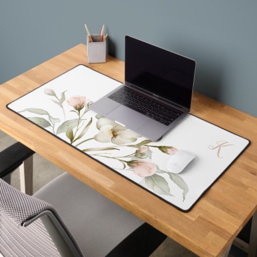 Soft Feminine Watercolor Floral with Monogram Desk Mat