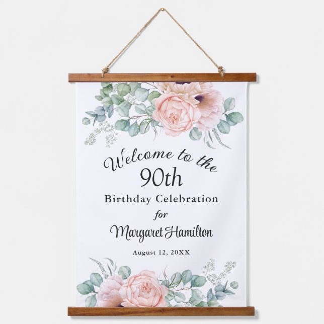 Soft Floral 90th Birthday Celebration Hanging Tapestry (Front)