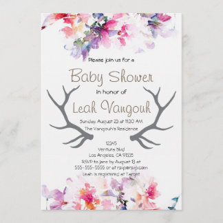 Soft Floral & Antler Baby Shower Invitation