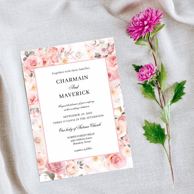 Soft Floral Blush Pink Leafy Wedding  Invitation (Creator Uploaded)