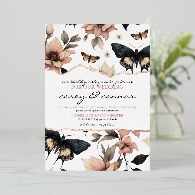 Soft Floral Butterflies Foil Invitation (Standing Front)