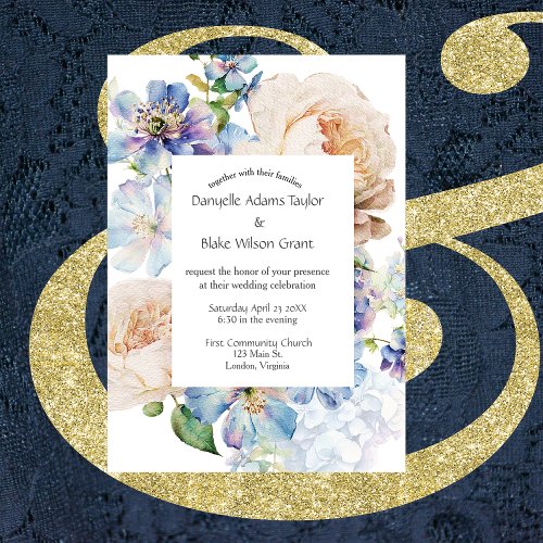 Soft Floral Dusty Blue Ivory Photo Wedding Invitation