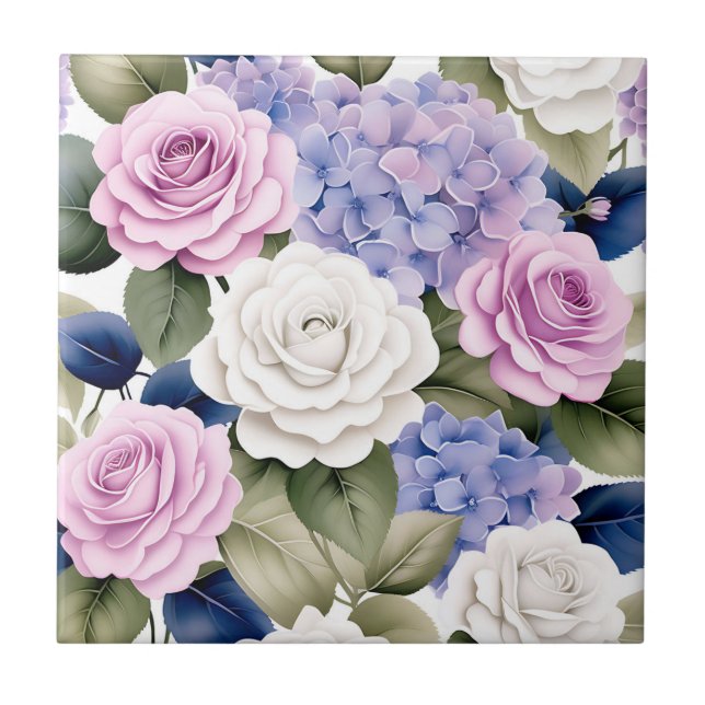 Soft Floral Elegant with Hydrangeas and Roses Ceramic Tile (Front)