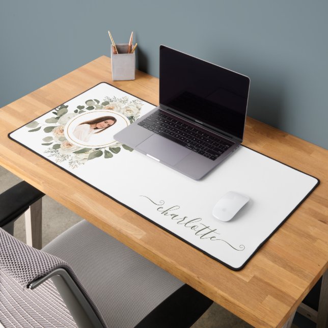 Soft Floral Frame with Photo & Name Desk Mat (Office 2)