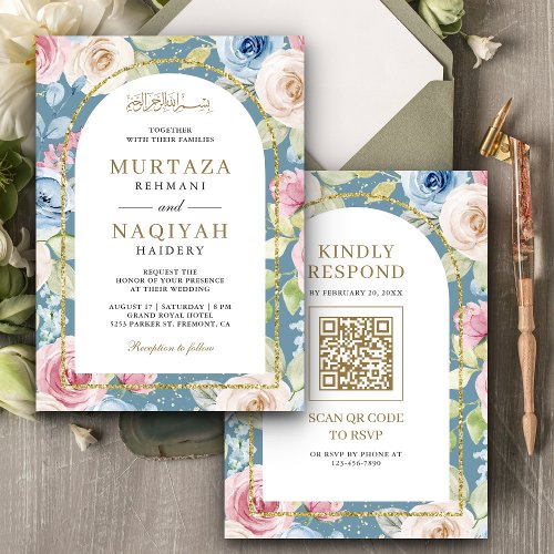 Soft Floral Gold Arch QR Code Blue Muslim Wedding Invitation