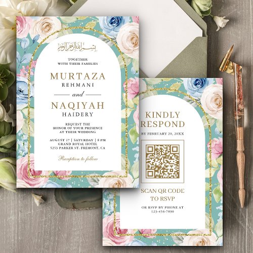 Soft Floral Gold Arch QR Code Mint Muslim Wedding Invitation
