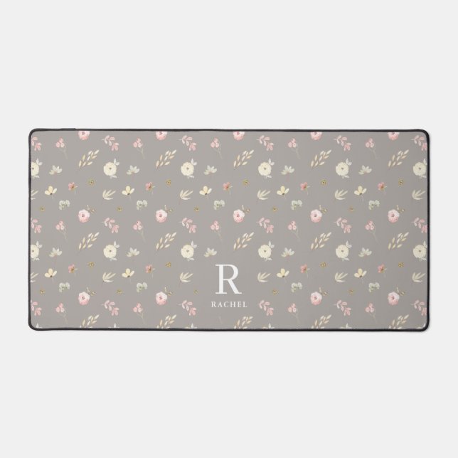 Soft Floral Gray Beige Custom Initial Monogram Desk Mat (Front)