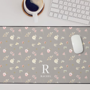 Soft Floral Gray Beige Custom Initial Monogram Desk Mat