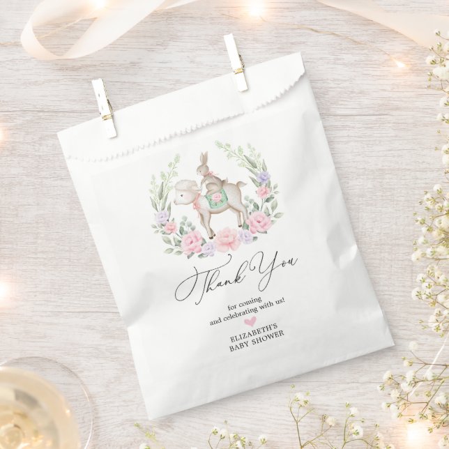 Soft Floral Lamb & Bunny Rabbit Easter Baby Girl Favor Bag (Clipped)