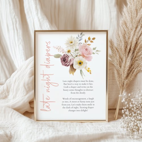 Soft Floral Late Night Diaper Baby Shower Game Poster