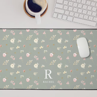 Soft Floral Muted Sage Custom Initial Monogram Desk Mat