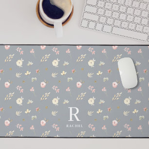 Soft Floral Neutral Gray Custom Initial Monogram Desk Mat