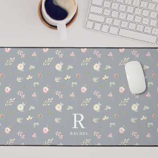 Soft Floral Neutral Gray Custom Initial Monogram Desk Mat