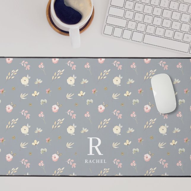 Soft Floral Neutral Gray Custom Initial Monogram Desk Mat (Creator Uploaded)