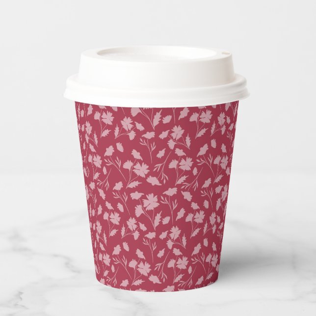 Soft floral pattern on soft red background paper cups (Front)