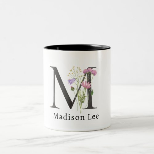 Soft Floral  Pink Purple Alphabets Name Letter M Two_Tone Coffee Mug