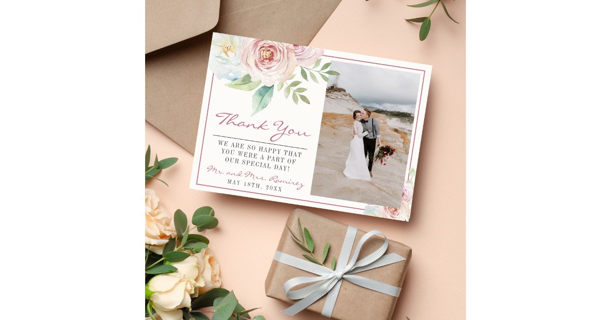 Soft Floral Romantic Greenery Mauve Wedding Thank You Card | Zazzle