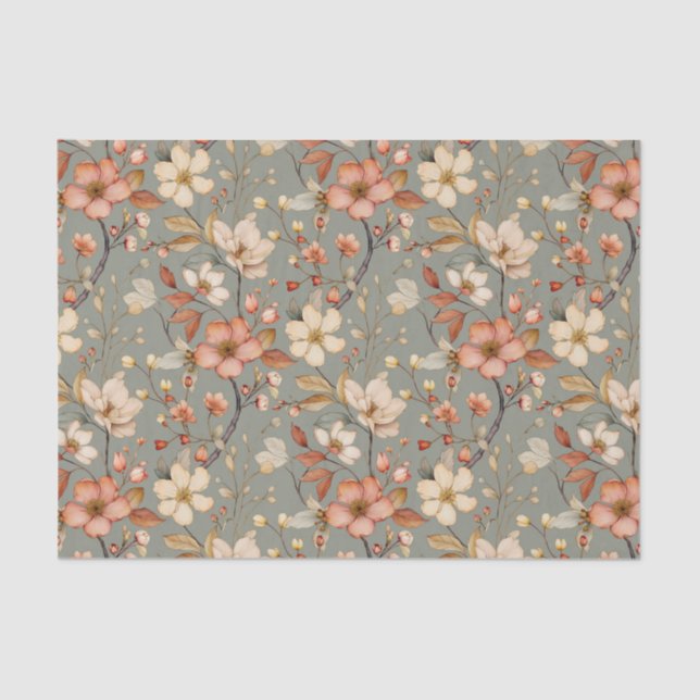 Soft Floral Vines Pattern on Pale Green Background Tissue Paper (Front)