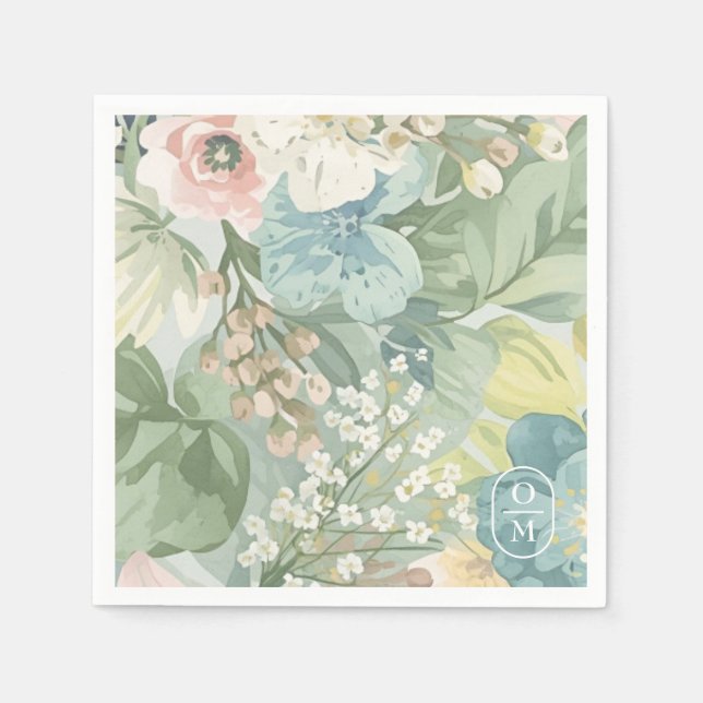 Soft Floral Watercolor Monogram Wedding Napkins (Front)