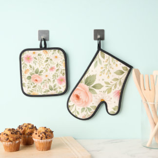 Soft Floral Watercolor Pattern   Oven Mitt & Pot Holder Set