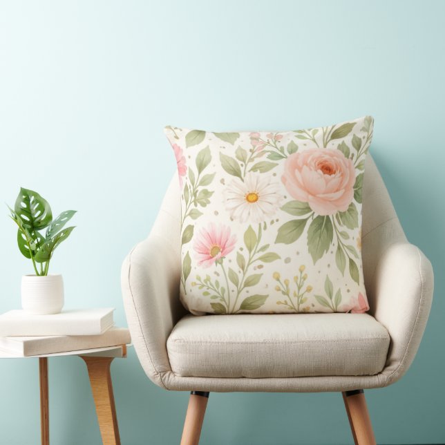 Soft Floral Watercolor Pattern   Throw Pillow (Chair)