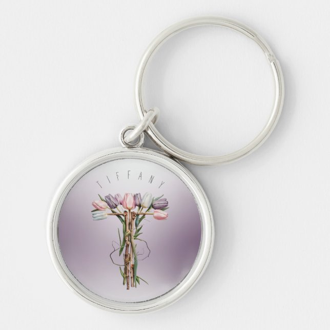 Soft Florals & Pastel Chic Tulip Monogram 'M' Keychain (Front)