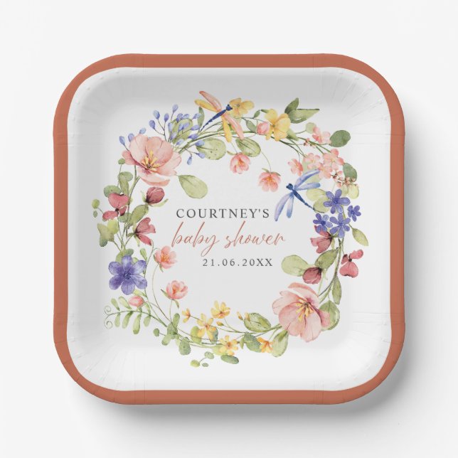 Soft Flowers  Dragonflies Boho Chic Baby Shower Paper Plates (Front)