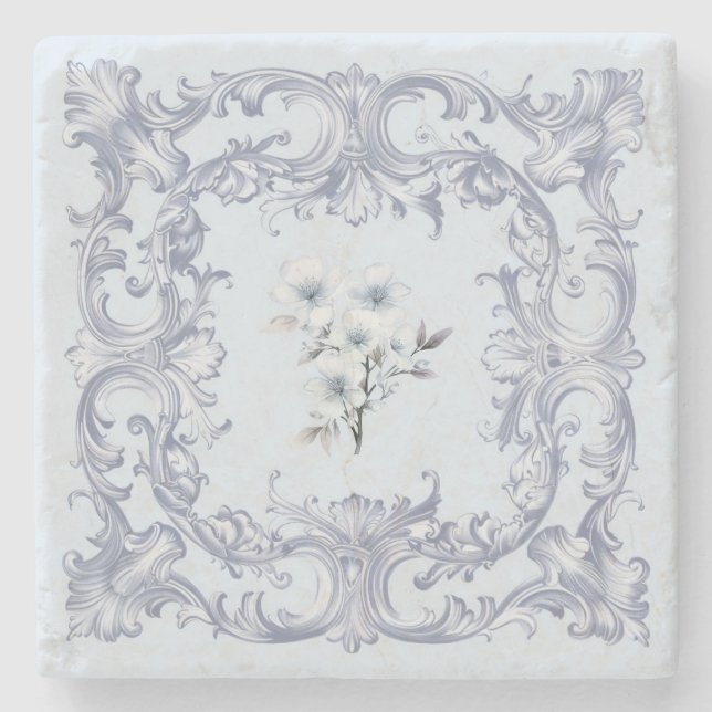 Soft French blue Scrolls with flowers Stone Coaster (Front)