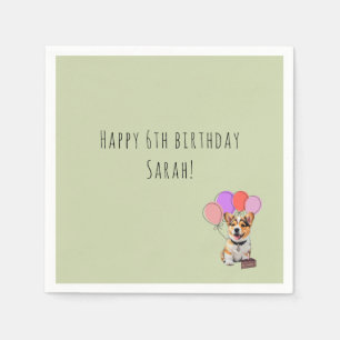 Soft Fresh Sage Green - Corgi Birthday  Napkins