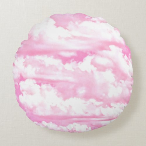 Soft Fuchsia Pink Girly Clouds Round Pillow
