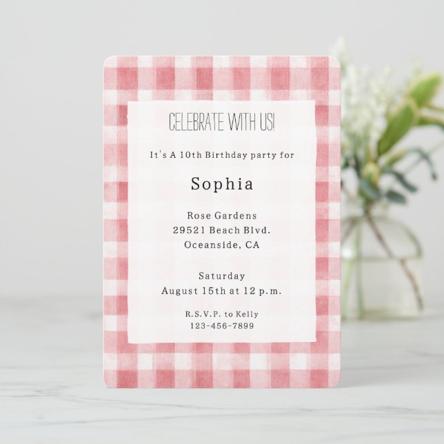 Soft Girly Pink White Plaid Stripes Birthday Invitation (Standing Front)