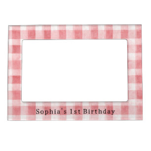Soft Girly Pink White Plaid Stripes Birthday Magnetic Frame