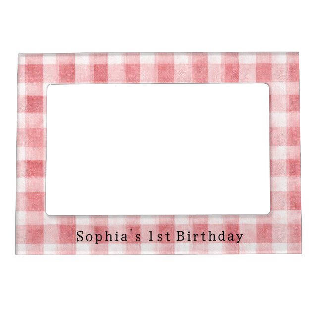 Soft Girly Pink White Plaid Stripes Birthday Magnetic Frame (Front)