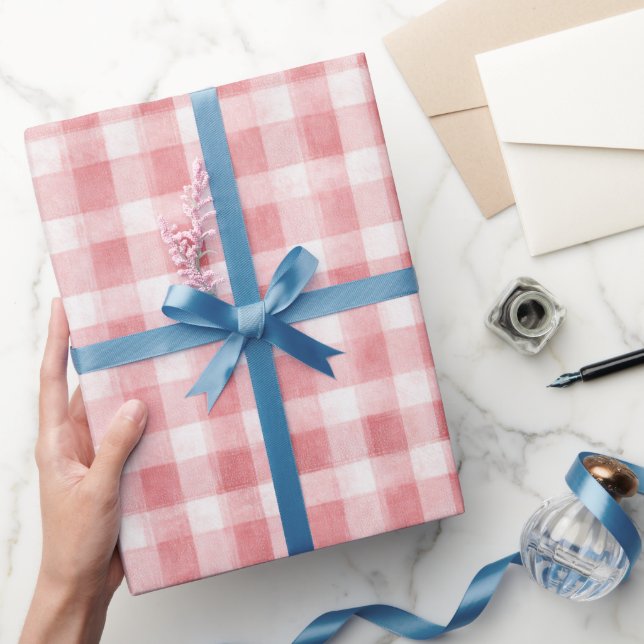 Soft Girly Pink White Plaid Stripes Birthday Wrapping Paper (Gifting)