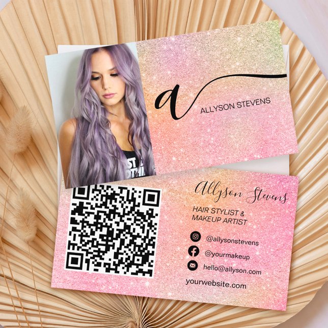 Soft glitter hair makeup photo initial qr code business card (Creator Uploaded)