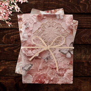 Soft Gold Baroque Blush Floral Butterfly Collage Wrapping Paper Sheets