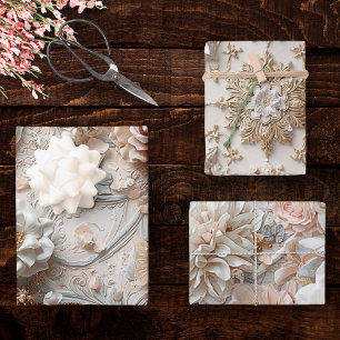 Soft Gold Baroque Floral Garden with Butterflies Wrapping Paper Sheets