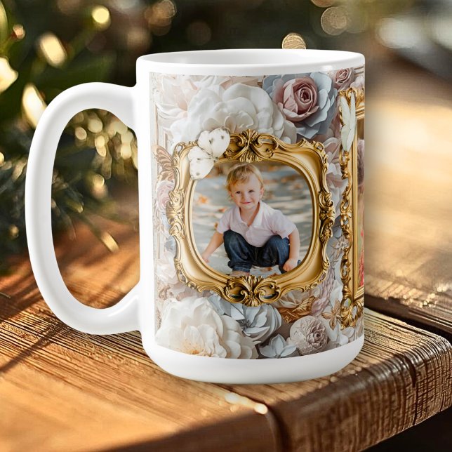 Soft Gold Baroque Floral Photo Frames Collage Coffee Mug (Creator Uploaded)