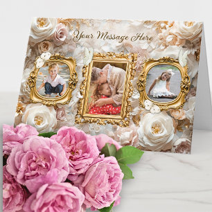 Soft Gold Baroque Floral Photo Frames Collage Holiday Card