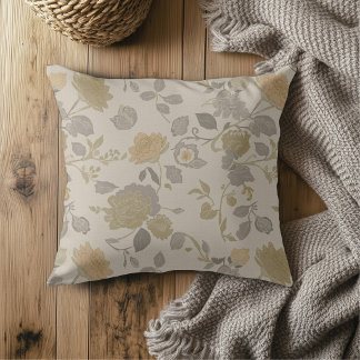 Soft Gold Beige Peach Gray Modern Farmhouse Floral Throw Pillow
