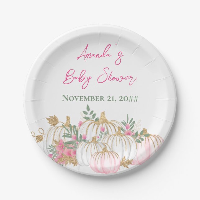 Soft Gold Blush Pink Rose Pumpkin Baby Shower  Paper Plates (Front)